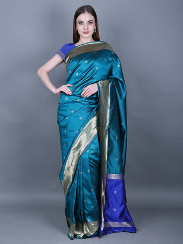 Stunning Blue Kanjeevarm Silk Saree With Unstitched Blouse