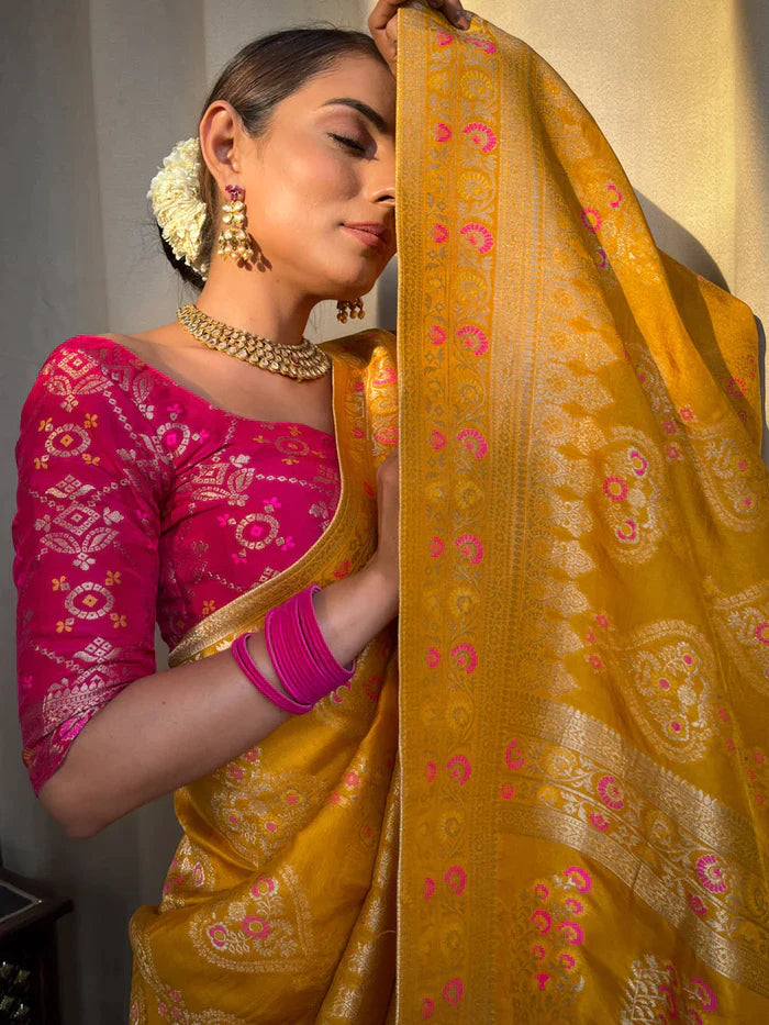 YELLOW PURE SOFT SILK SAREE WITH TWIRLING BLOUSE PIECE
