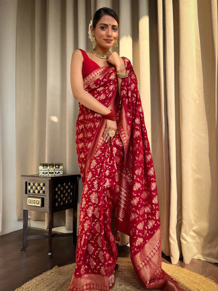 RED PURE SOFT SILK SAREE WITH TWIRLING BLOUSE PIECE
