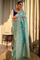 TURQUOISE GREEN PURE SOFT SILK SAREE WITH TWIRLING BLOUSE PIECE
