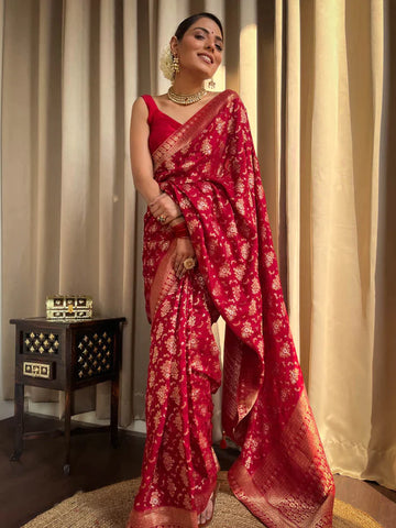 RED PURE SOFT SILK SAREE WITH TWIRLING BLOUSE PIECE