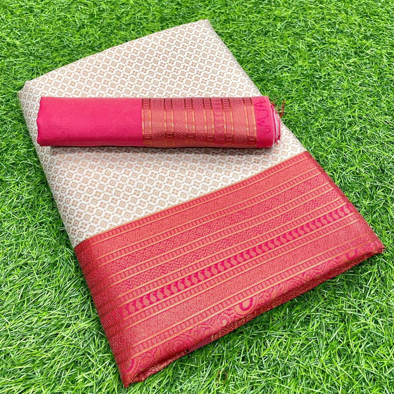 Classic Cream Silk Woven Saree With Pink Border