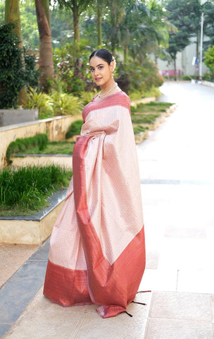 Cream & Maroon Color Combination Kanjeevaram Silk Saree