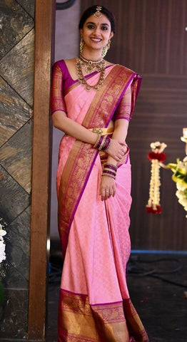 Sareeko Ethnic Wear Designer Light Pink Lichi Silk Banarasi Saree