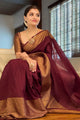 Maroon Semi Silk Saree Weaved With Golden Zari With Attached Heavy Brocade Unstitched Blouse (Earth)