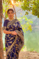 Navy Blue Semi Silk Saree Weaved With Copper Zari With Attached Heavy Brocade Unstitched Blouse (Earth)