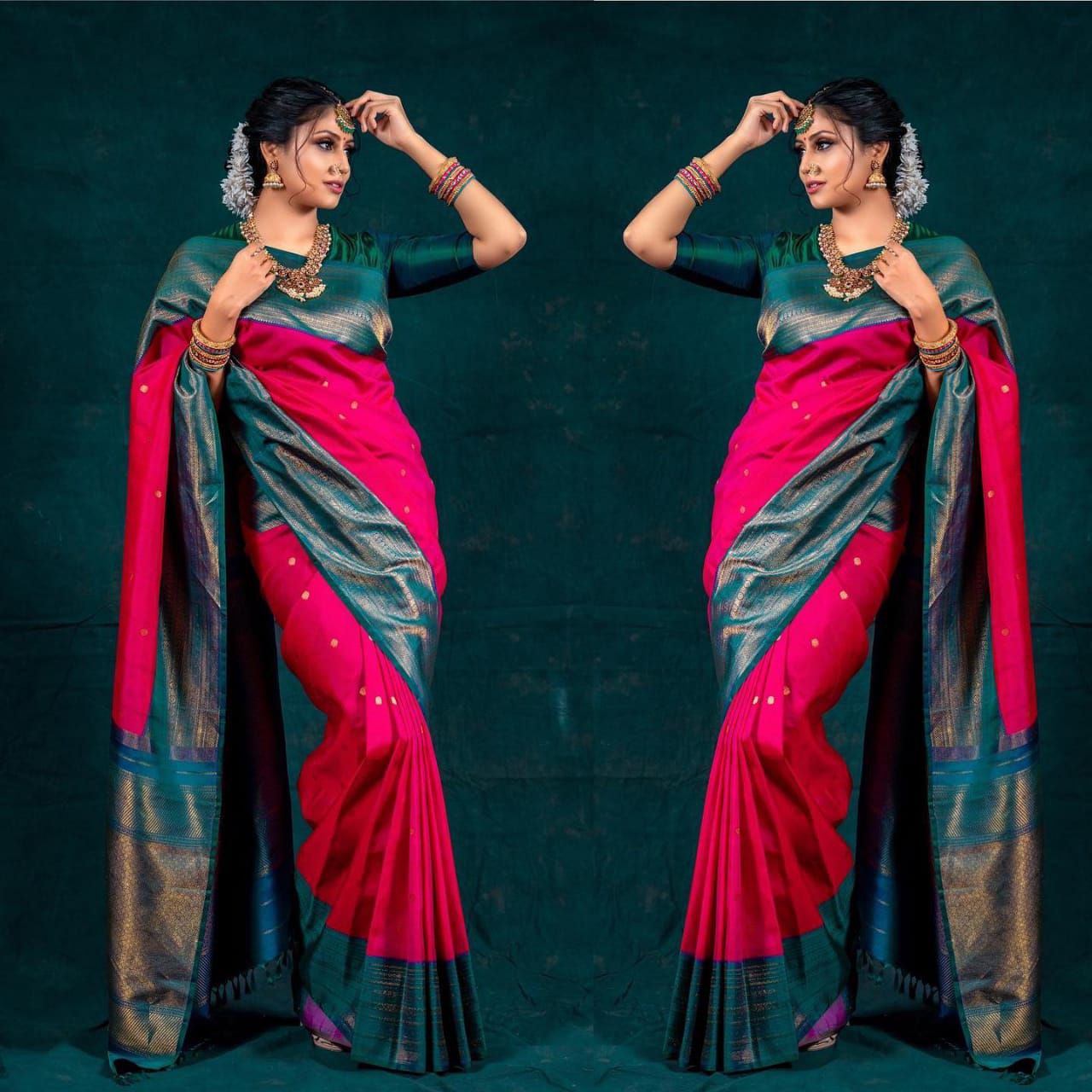 Sareeko Green & red Woven Design Pure Silk Banarasi Saree