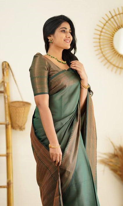 Green Copper Zari weaving Banarasi Soft Silk Saree