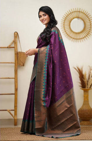 Zig Zag Wine Saree With Green Attractive Blouse