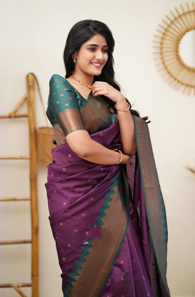 Zig Zag Wine Saree With Green Attractive Blouse