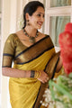 Symmetrical Yellow & Black Pure Soft Silk Saree With Engrossing Unstitched Blouse Piece (Neptune)