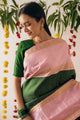 Green Semi Silk Saree Weaved With Golden Zari With Attached Heavy Brocade Unstitched Blouse (Earth)