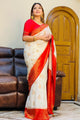 White & Red Colour Pure Soft Kota Silk Saree With Lovely Unstitched Blouse Piece (Saturn)