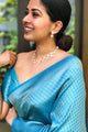 Sky Blue Semi Silk Saree Weaved With Copper Zari With Attached Heavy Brocade Unstitched Blouse (Earth)