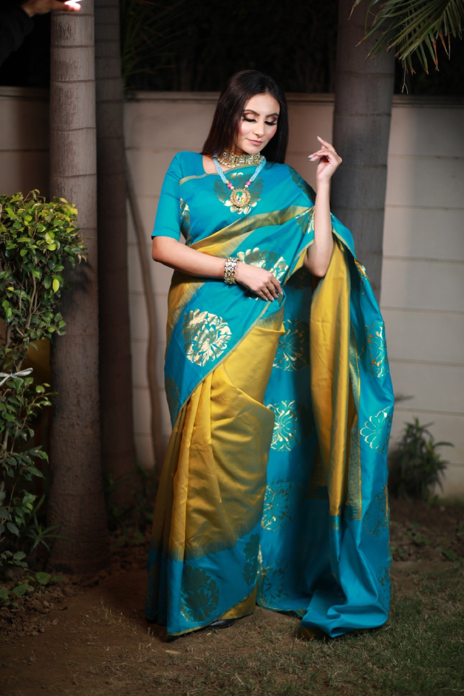 South Indian Silk Saree with Golden Buttas