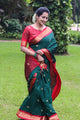 Symmetrical Rama & Gajri Pure Soft Silk Saree With Engrossing Unstitched Blouse Piece (Neptune)