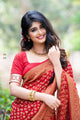 Red Semi Silk Saree Weaved With Golden Zari With Attached Heavy Brocade Unstitched Blouse (Earth)