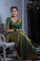 Stunning Dark Green Semi Silk Saree Weaved With Golden Zari With Attached Brocade Unstitched Blouse (Earth)