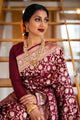 Maroon Semi Silk Saree Weaved With Golden Zari With Attached Heavy Brocade Unstitched Blouse (Earth)