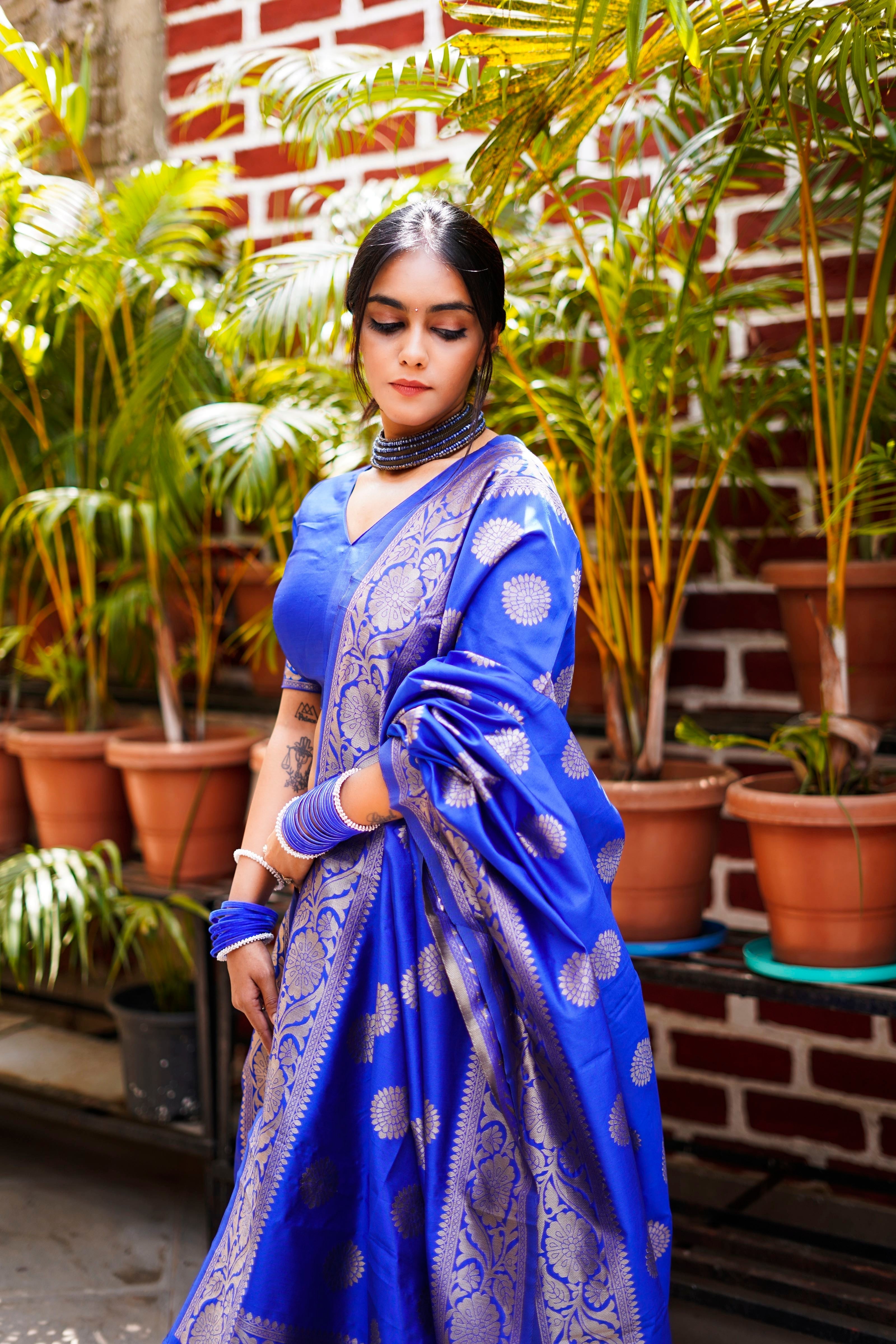 Designer smooth silk saree with modern floral design
