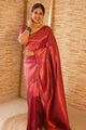 Pleasurable Maroon Pure Soft Banarasi Silk Saree With Snazzy Unstitched Blouse Piece (Earth)