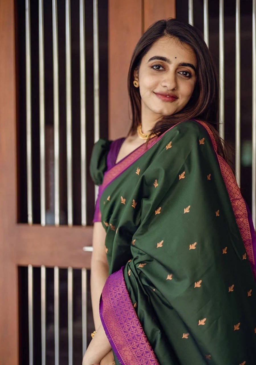 DARK GREEN PURE SOFT SILK SAREE WITH MOIETY BLOUSE PIECE (EARTH)